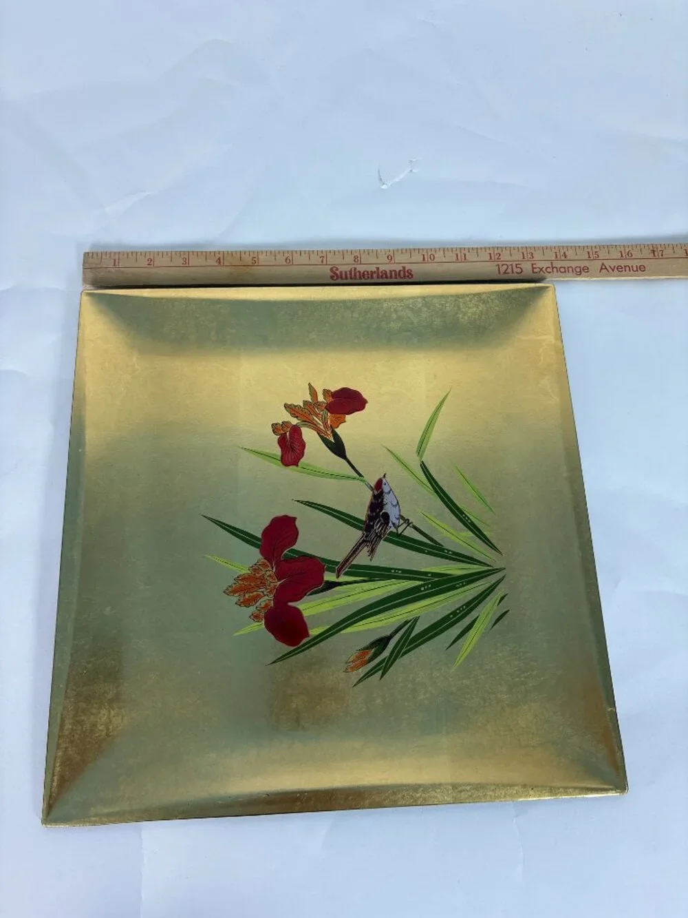 Vintage Toyo Japan Gold Lacquer Serving Tray | Mid Century Japanese Floral Bird